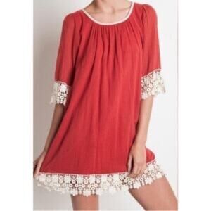 UMGEE M semi sheer orange mini dress with square neck and cream embroidery